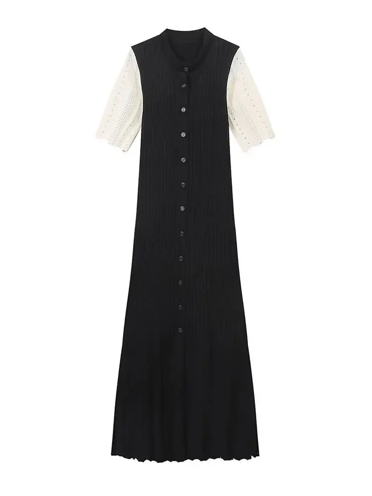 Elegant Knitted Patchwork Midi Dress Women's Short Sleeve High Waist Casual Single-Breasted Curvy Dresses Summer Black Apricot