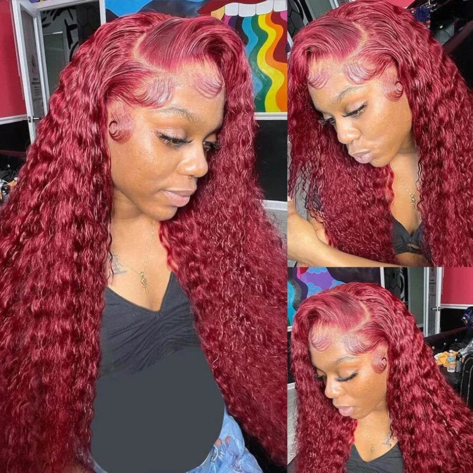 Mossily Burgundy Curly 13x6 HD Lace Frontal Wigs Human Hair 13x5 Wet And Wavy 99J Red Colored Deep Wave Wig For Women 30 36 Inch