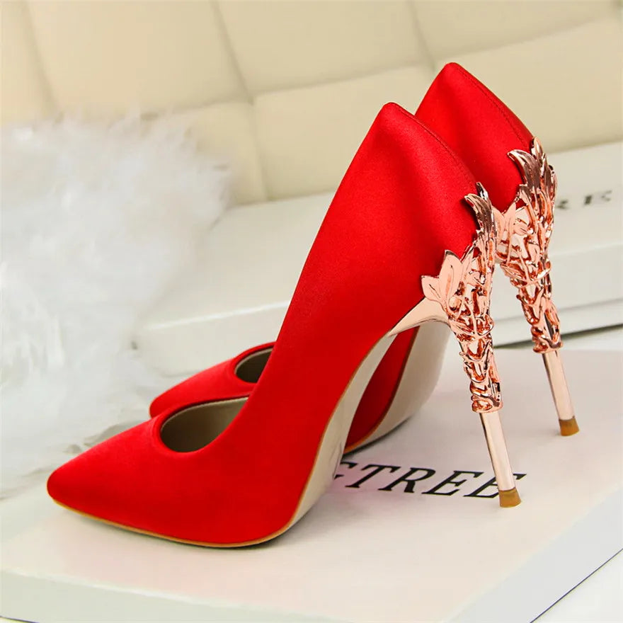2025 New Elegant Metal Carved Heel Women Pumps Solid Silk Pointed Toe Shallow Fashion High Heels 10cm Female Wedding Dress Shoes