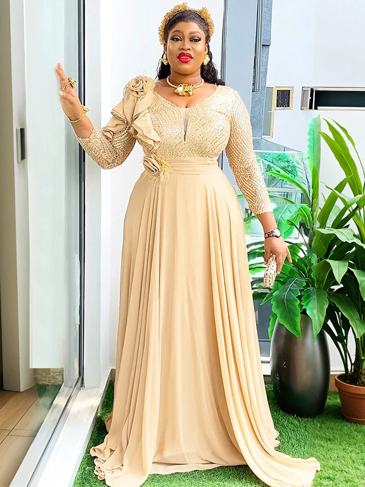 Long Sleeve Chiffon Dresses For Women African Dashiki Sequin Robe Dubai Abaya Wedding Party Birthday Gown 2025 Summer Clothing