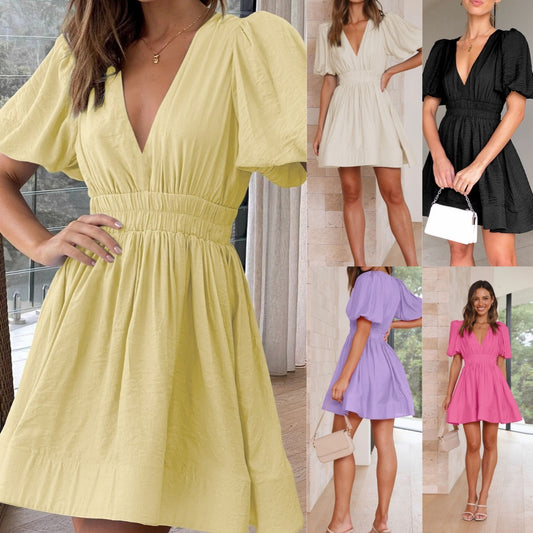 European And American Elegant Dress Sweet Waist Trimming Dress V-Neck Lantern Sleeve Dress Women's Summer Sun Dresses Evening Dress