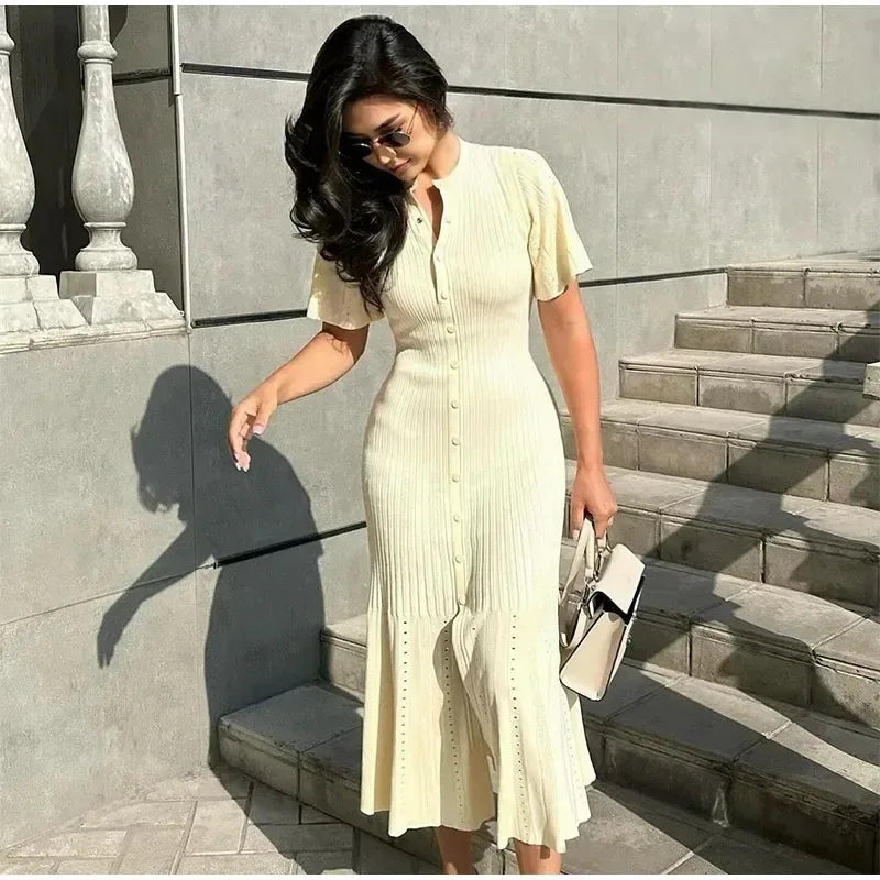 Elegant Knitted Patchwork Midi Dress Women's Short Sleeve High Waist Casual Single-Breasted Curvy Dresses Summer Black Apricot