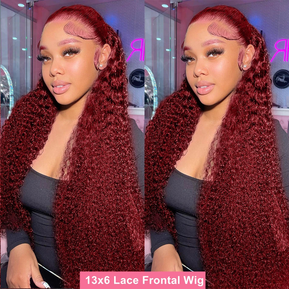 Mossily Burgundy Curly 13x6 HD Lace Frontal Wigs Human Hair 13x5 Wet And Wavy 99J Red Colored Deep Wave Wig For Women 30 36 Inch