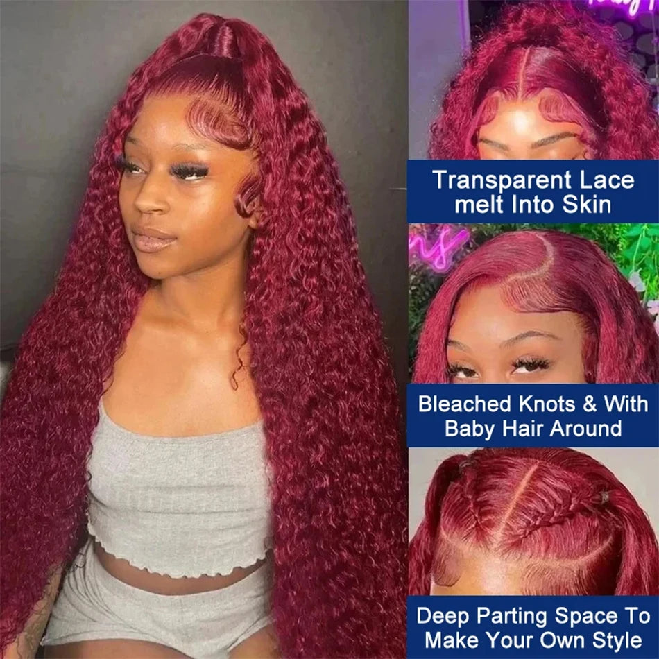 Mossily Burgundy Curly 13x6 HD Lace Frontal Wigs Human Hair 13x5 Wet And Wavy 99J Red Colored Deep Wave Wig For Women 30 36 Inch