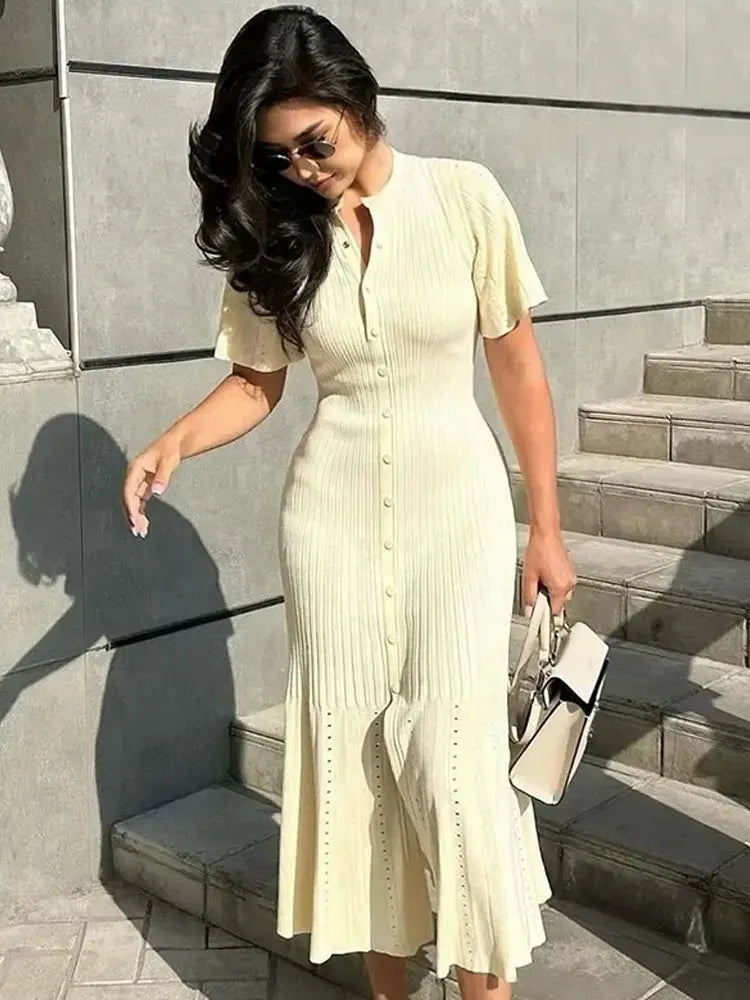 Elegant Knitted Patchwork Midi Dress Women's Short Sleeve High Waist Casual Single-Breasted Curvy Dresses Summer Black Apricot