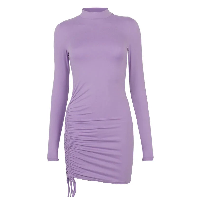 Long Sleeve Ruched Bodycon Dress Women Turtleneck Bandage Mini Dresses Autumn Black Skinny Stretchy Party Vestidos