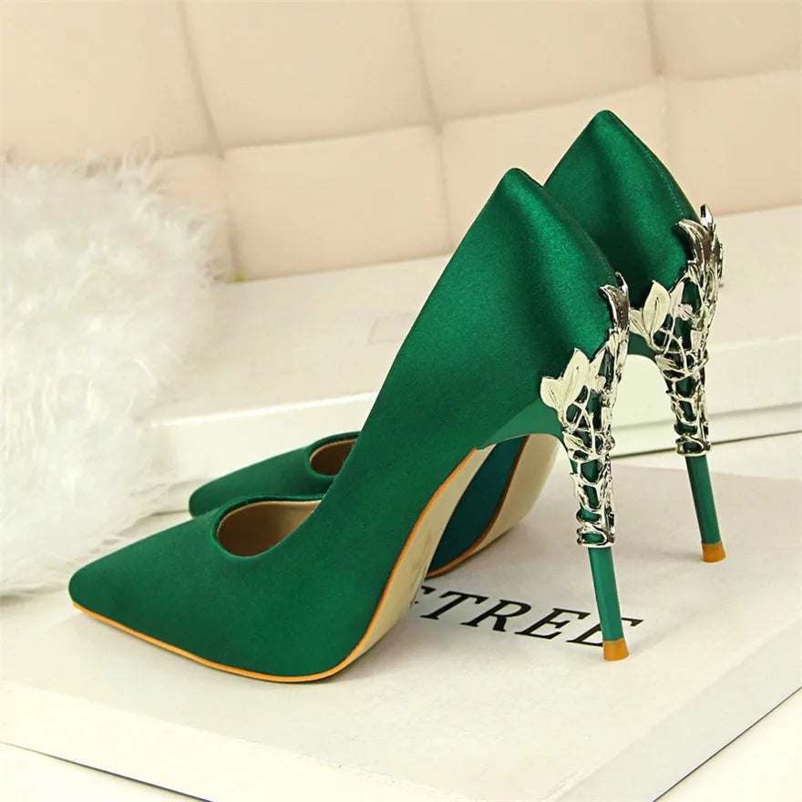 2025 New Elegant Metal Carved Heel Women Pumps Solid Silk Pointed Toe Shallow Fashion High Heels 10cm Female Wedding Dress Shoes