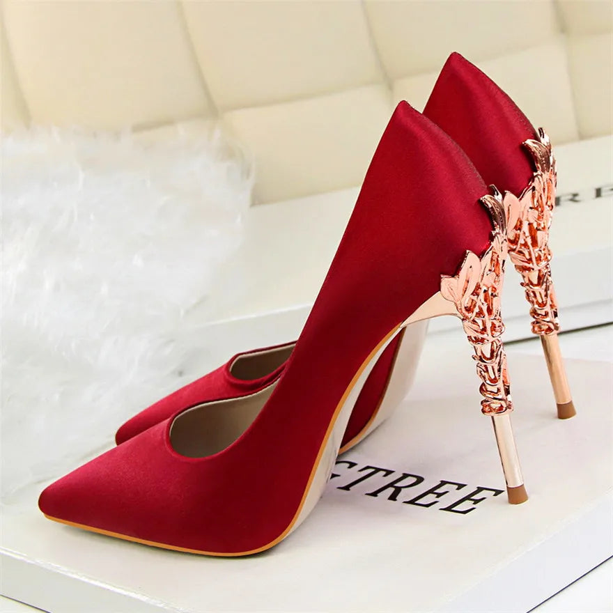 2025 New Elegant Metal Carved Heel Women Pumps Solid Silk Pointed Toe Shallow Fashion High Heels 10cm Female Wedding Dress Shoes