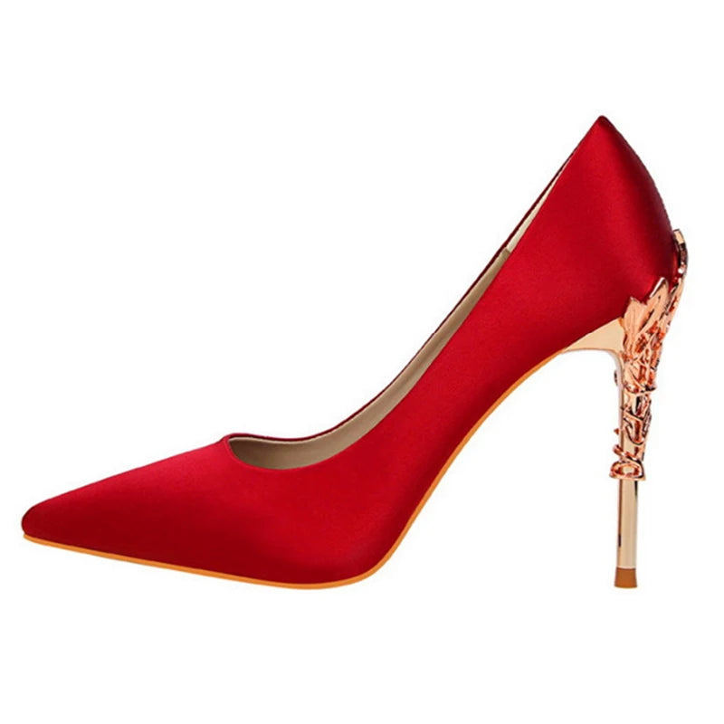 2025 New Elegant Metal Carved Heel Women Pumps Solid Silk Pointed Toe Shallow Fashion High Heels 10cm Female Wedding Dress Shoes