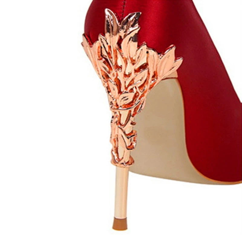 2025 New Elegant Metal Carved Heel Women Pumps Solid Silk Pointed Toe Shallow Fashion High Heels 10cm Female Wedding Dress Shoes