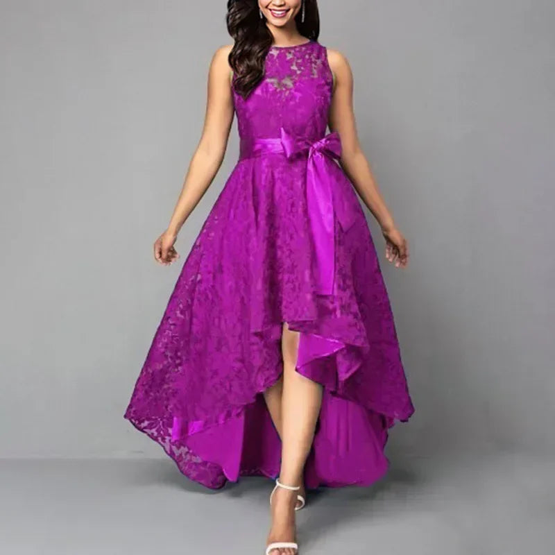 2025 Women's Wedding Bridesmaid Dress Elegant Lace Evening Sweet Party Dress Plus Size Slim High Waist Bow Maxi Dresses Female