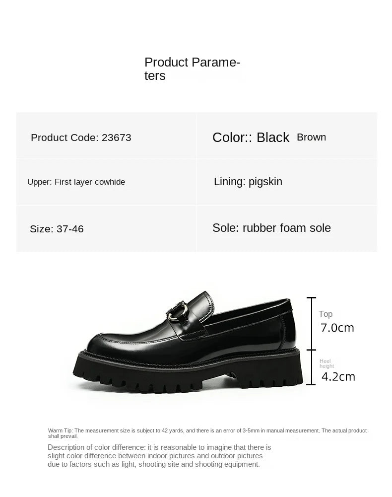 cow leather British loafers men glossy leather business casual Heightenin shoes non slip tire soles dress shoes Round toe shoes