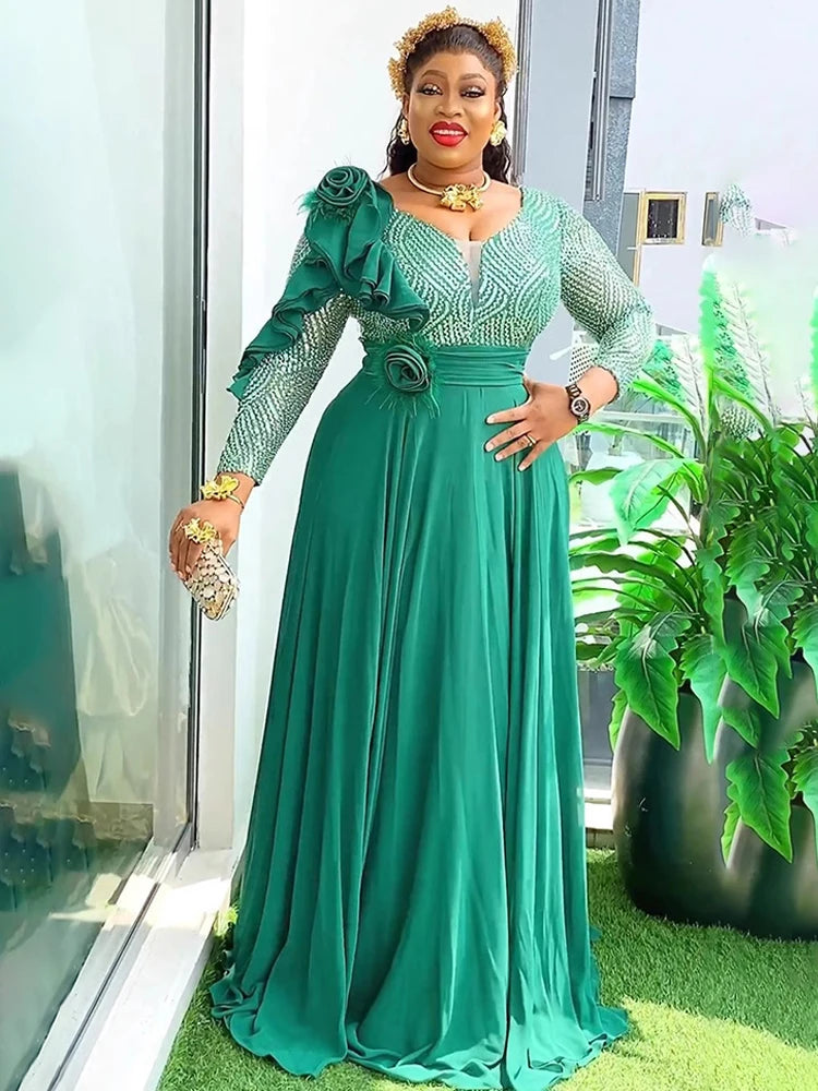 Long Sleeve Chiffon Dresses For Women African Dashiki Sequin Robe Dubai Abaya Wedding Party Birthday Gown 2025 Summer Clothing