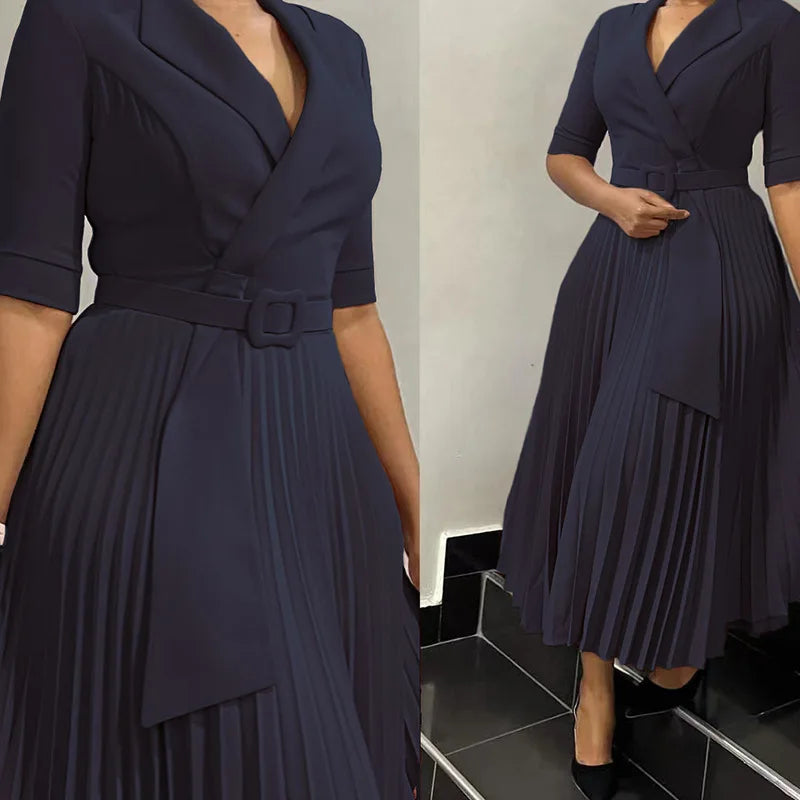 Pleated Dress Women Sexy Dresses White Round Neck Slim Sheath Work High Waist Hip Wrap Elegant Bodycon Mid Length Vestidos