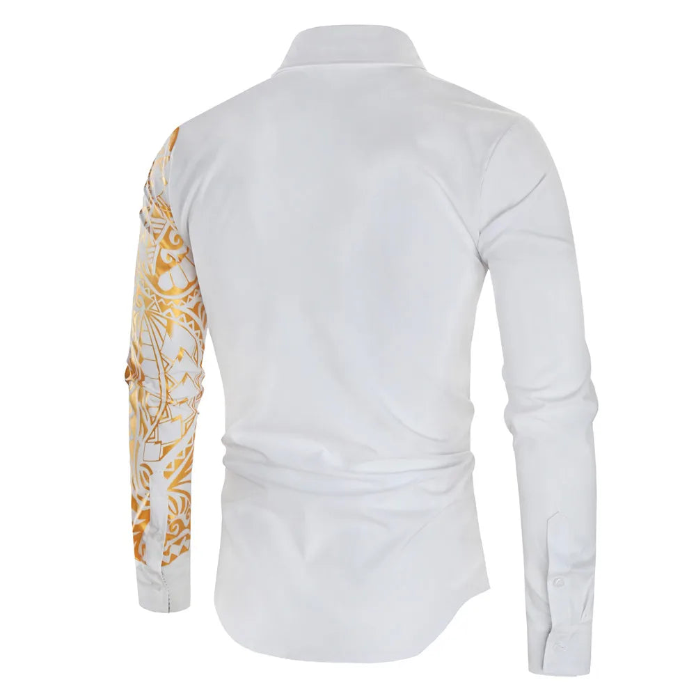 2024 Men's Brand Shirt, Luxury Gold High Quality Long Sleeve Shirts, Business White Black Men Dress Prom Social Print Shirts