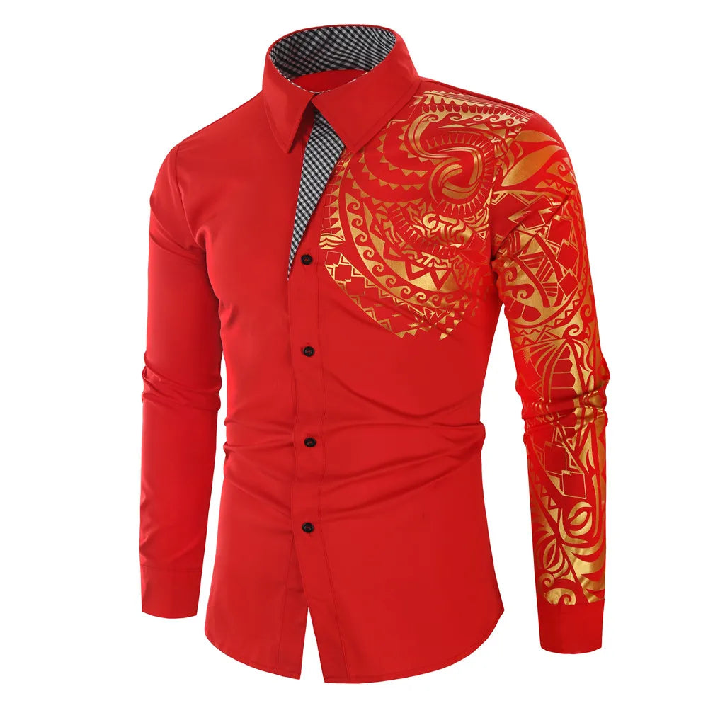 2024 Men's Brand Shirt, Luxury Gold High Quality Long Sleeve Shirts, Business White Black Men Dress Prom Social Print Shirts