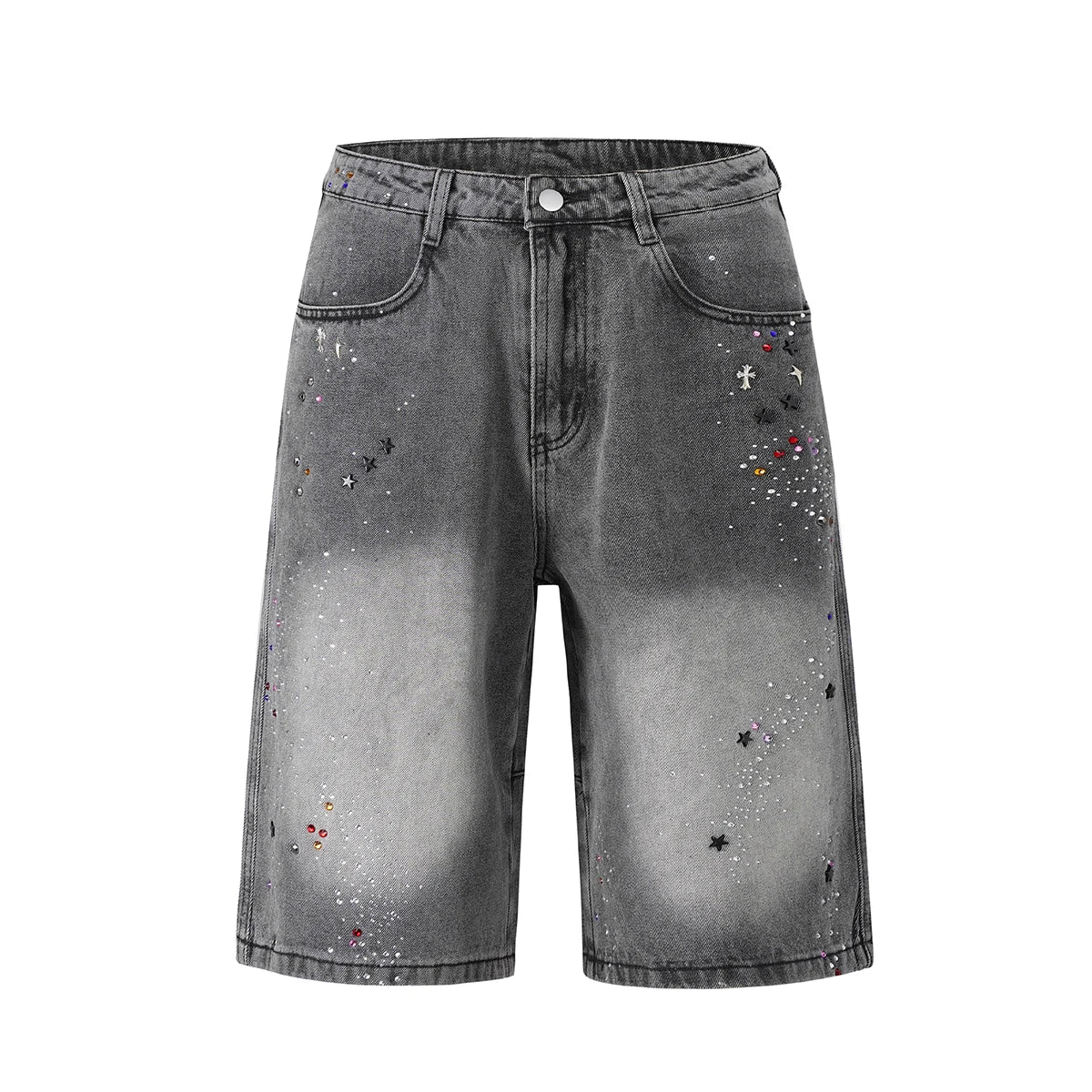 Full Rhinestone Print Washed Blue Baggy Jeans Mens and Women Ropa Hombre Streetwear Solid Casual Denim Trousers Loose Cargos