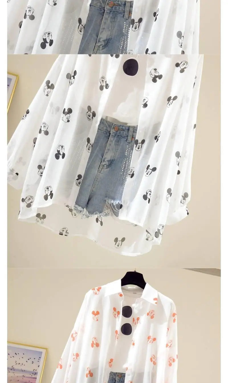 Mickey Mouse Blouse Ladies Long Sleeve Women Shirt Beach Shirts Kawaii Cartoon Summer Disney Clothes Cover-Up Top Casual
