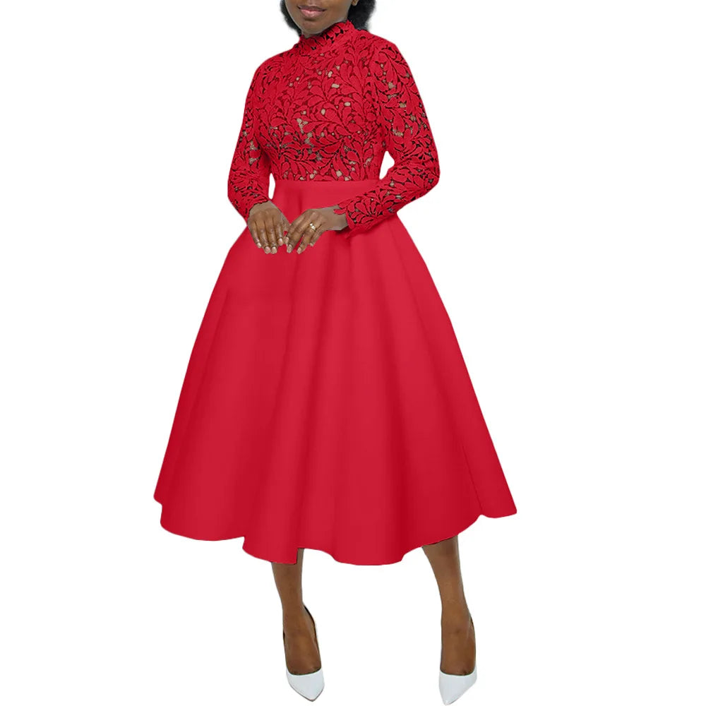 Women Long Dress A Line Dresses Lace Floral Party Night Wedding Mock Neck White Prom Hight Waist Slim Elegant Maxi Vestidos