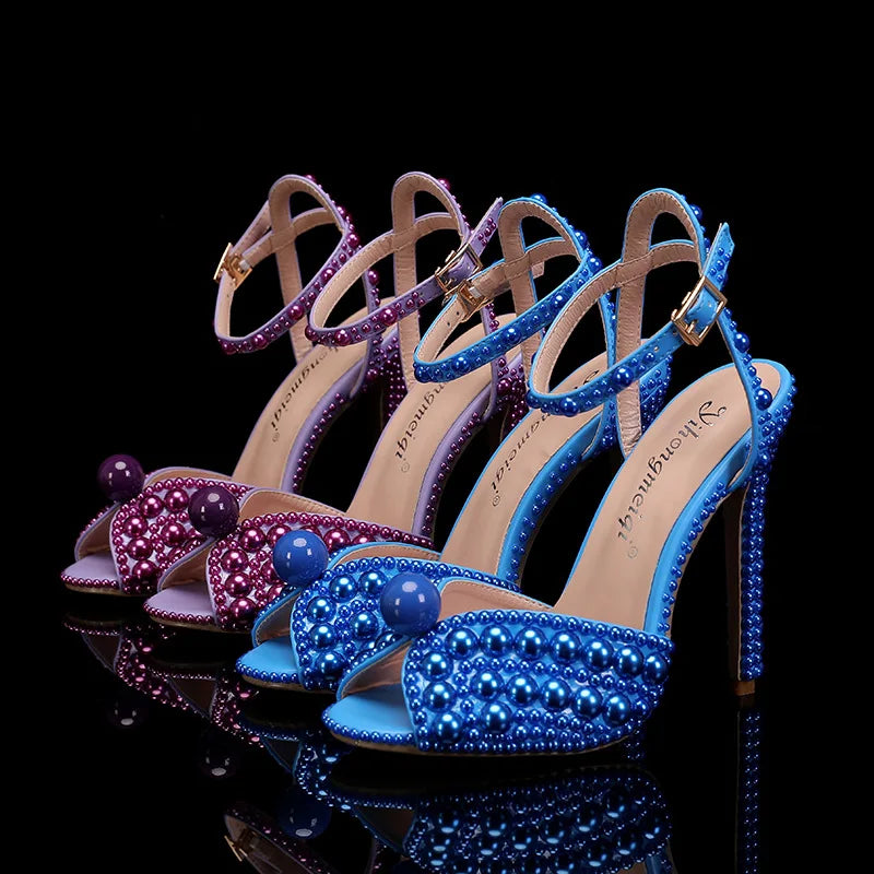 2024 Autumn New Fish Mouth High Heels Slim Heels Shallow Mouth Water Diamond Pearl Women's Single Shoes Wedding Wedding Shoes