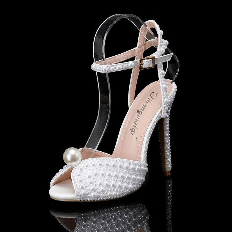 2024 Autumn New Fish Mouth High Heels Slim Heels Shallow Mouth Water Diamond Pearl Women's Single Shoes Wedding Wedding Shoes