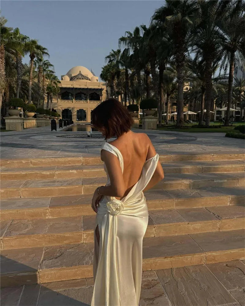 Mozision Satin Backless Sexy Maxi Dress For Women Elegant Rose Thigh High Split Beach Holiday Long Dress Gorgeous Club Gown