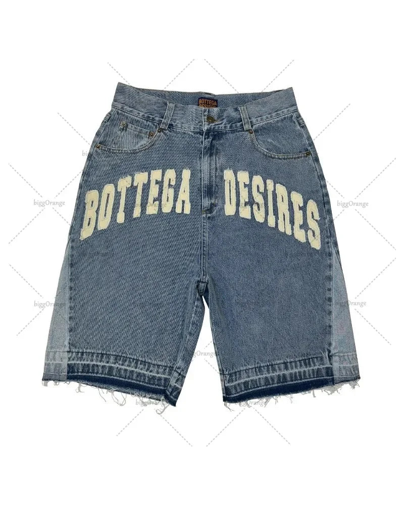 American Street Harajuku Retro Denim Shorts with Letter Embroidery Oversized Jeans Men Y2k Loose Casual Versatile Shorts Women