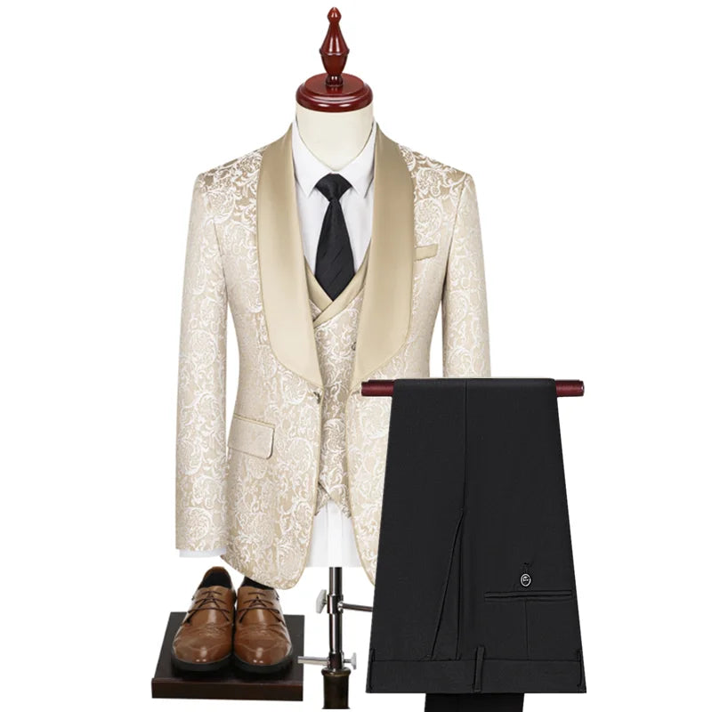 Men High Quality Wedding Jacquard Suits Fashion Male Business Social Dance Party Dress Blazers and Pant with Vest