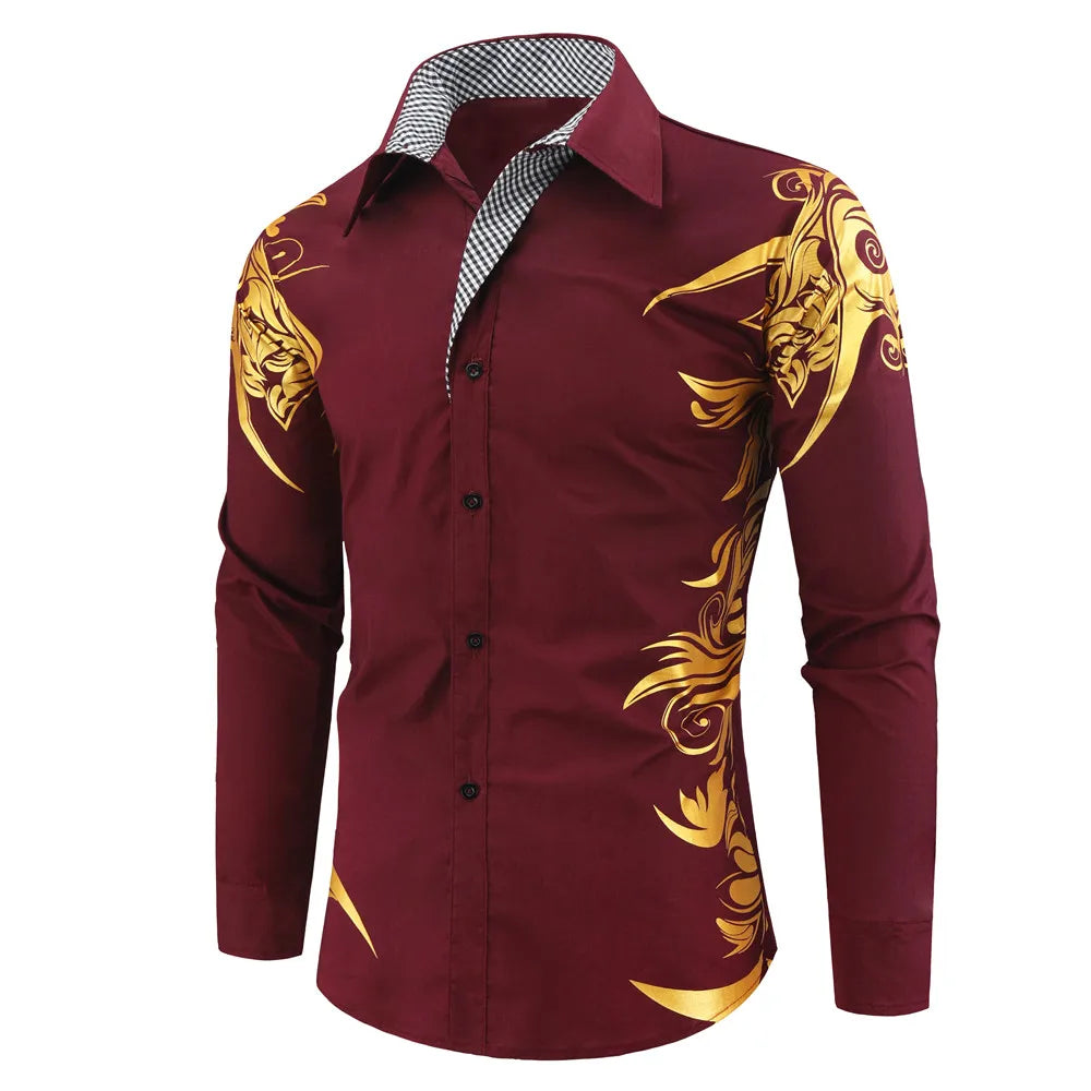 2024 Men's Brand Shirt, Luxury Gold High Quality Long Sleeve Shirts, Business White Black Men Dress Prom Social Print Shirts