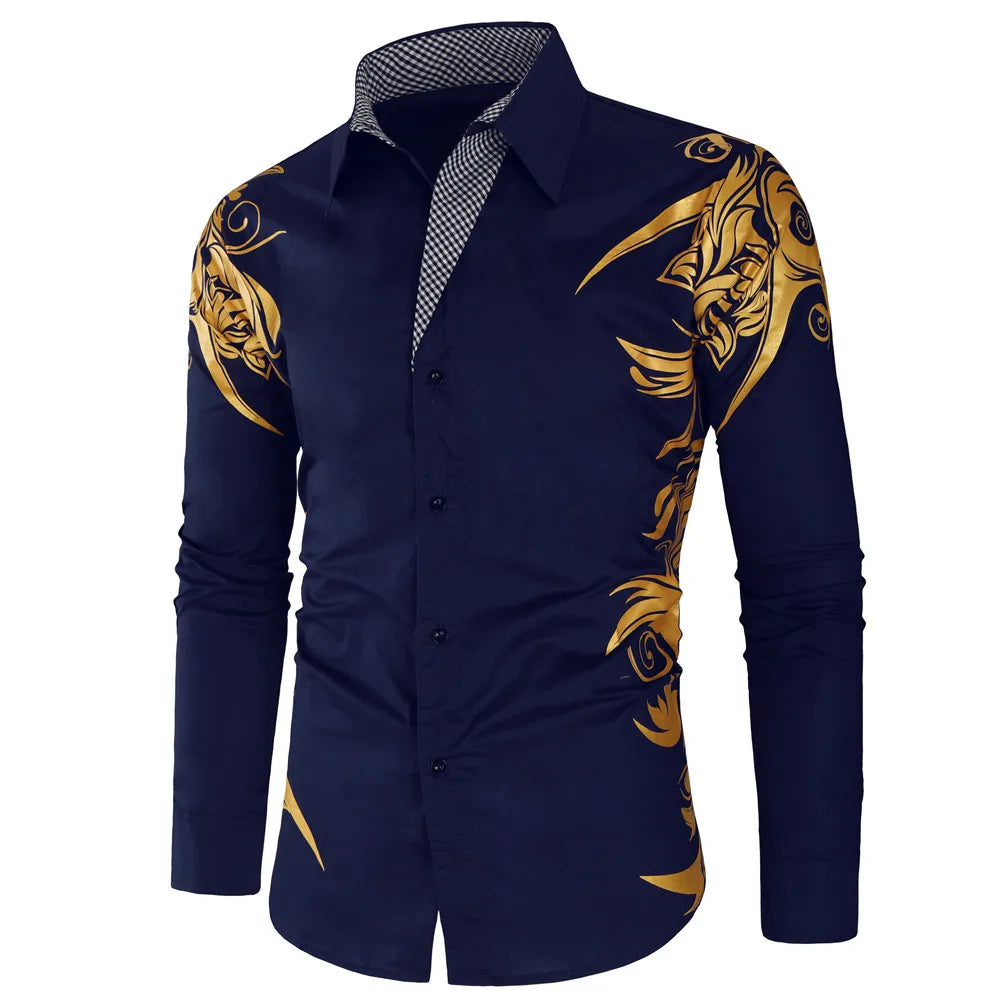 2024 Men's Brand Shirt, Luxury Gold High Quality Long Sleeve Shirts, Business White Black Men Dress Prom Social Print Shirts