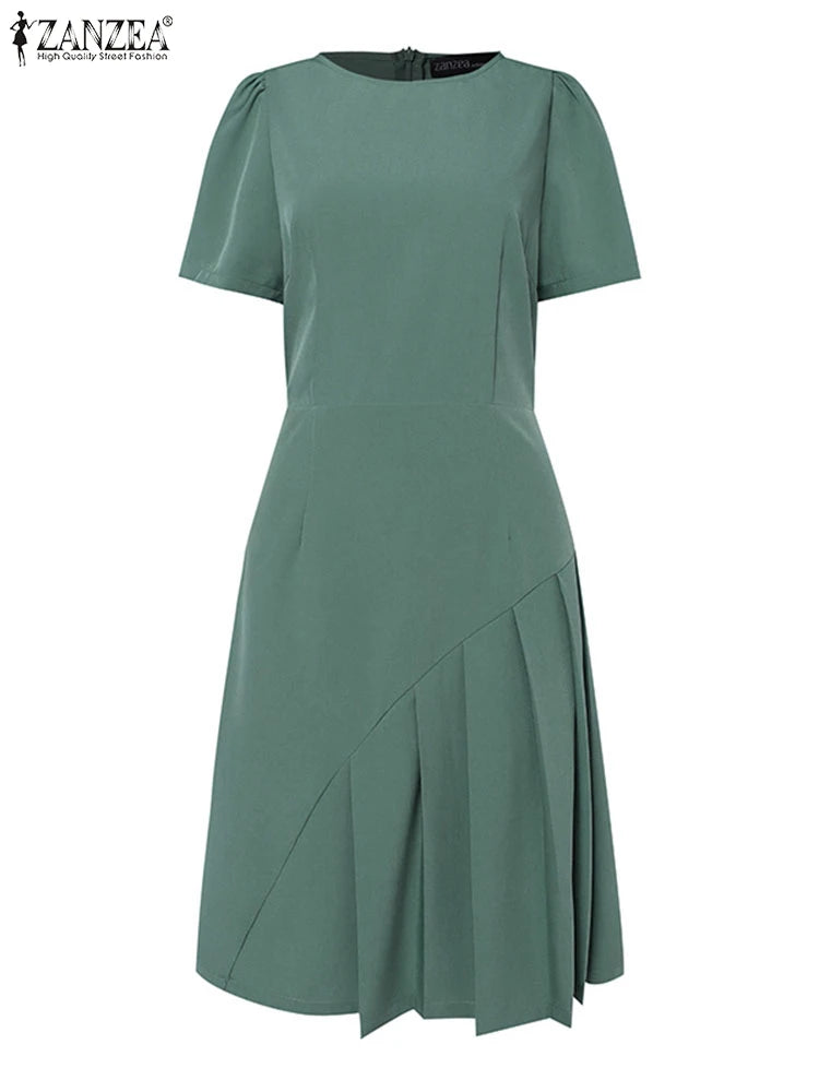 Elegant Pleated Dress ZANZEA Summer O Neck Short Sleeve Sundress Women Stylish Casual Work Party Vestidos Solid Knee Length Robe