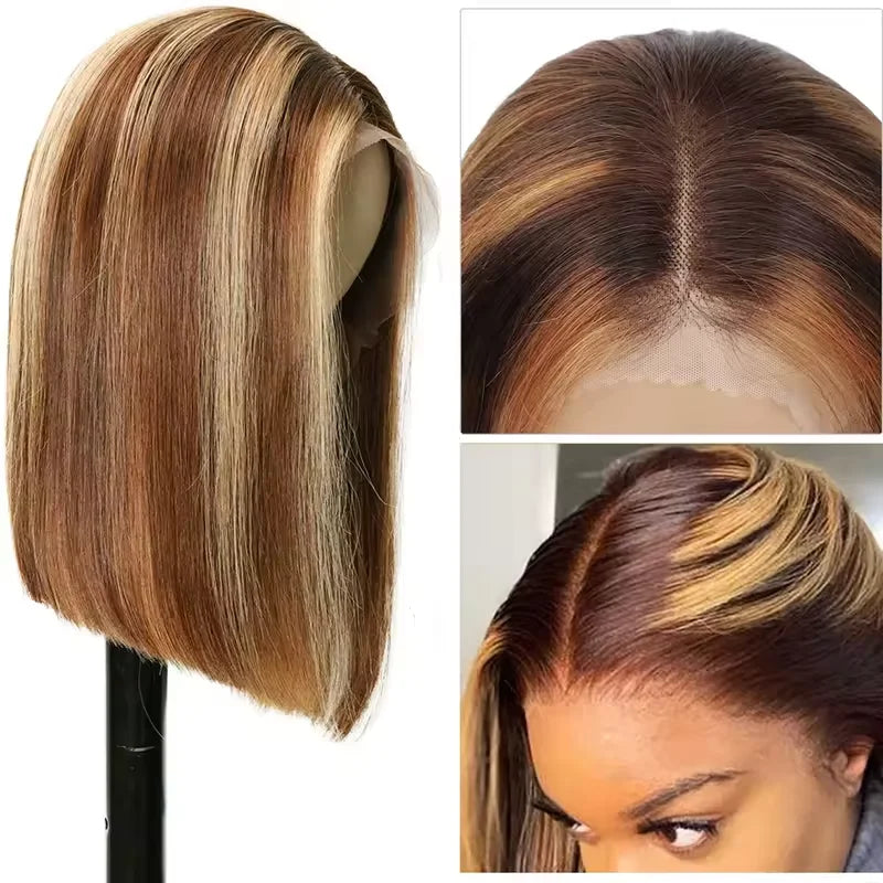 200% 16 Inch Highlight Short Bob Wigs 13X6 Straight Hd Lace Front Ombre Brown Frontal Glueless Bob Wig Human Hair Ready to Wear