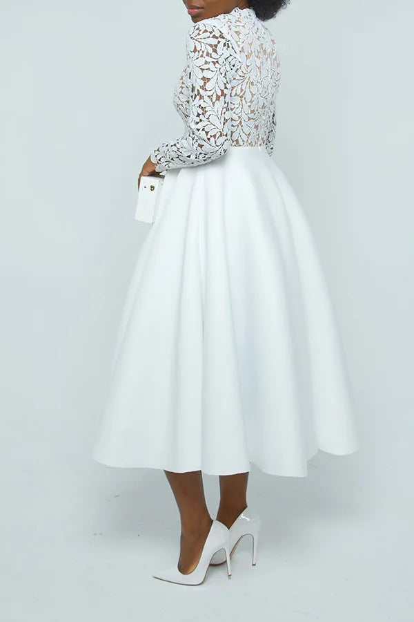 Women Long Dress A Line Dresses Lace Floral Party Night Wedding Mock Neck White Prom Hight Waist Slim Elegant Maxi Vestidos