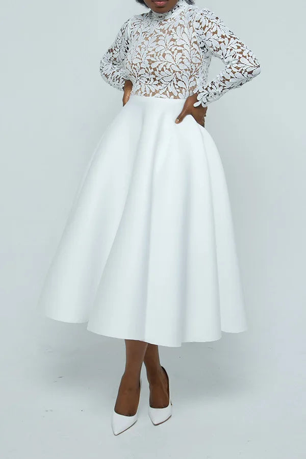 Women Long Dress A Line Dresses Lace Floral Party Night Wedding Mock Neck White Prom Hight Waist Slim Elegant Maxi Vestidos