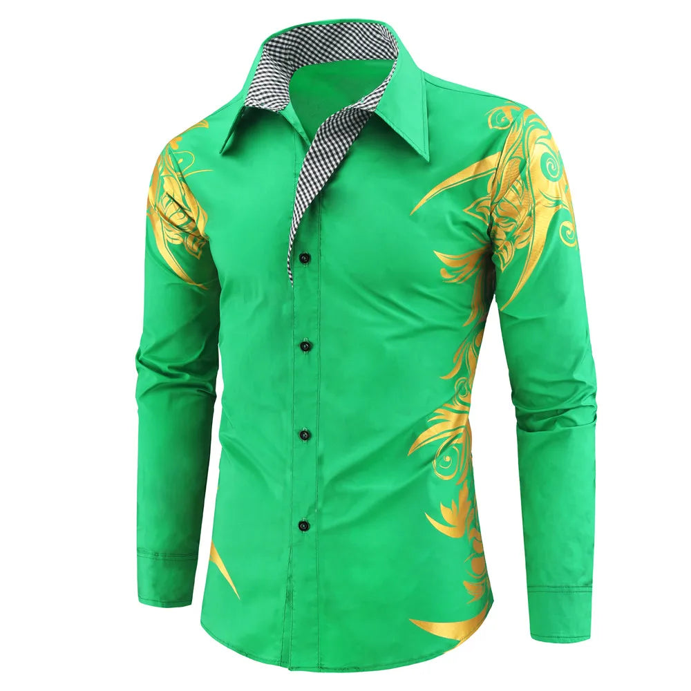 2024 Men's Brand Shirt, Luxury Gold High Quality Long Sleeve Shirts, Business White Black Men Dress Prom Social Print Shirts