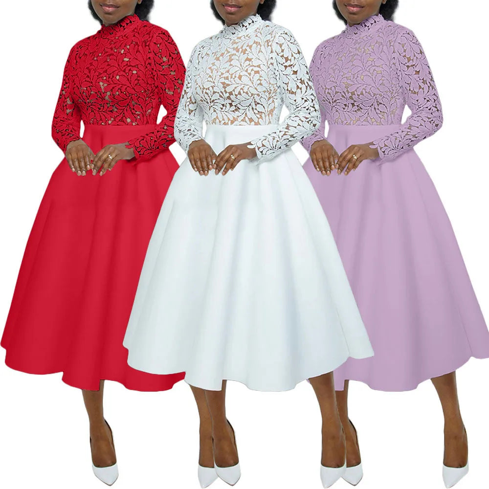 Women Long Dress A Line Dresses Lace Floral Party Night Wedding Mock Neck White Prom Hight Waist Slim Elegant Maxi Vestidos