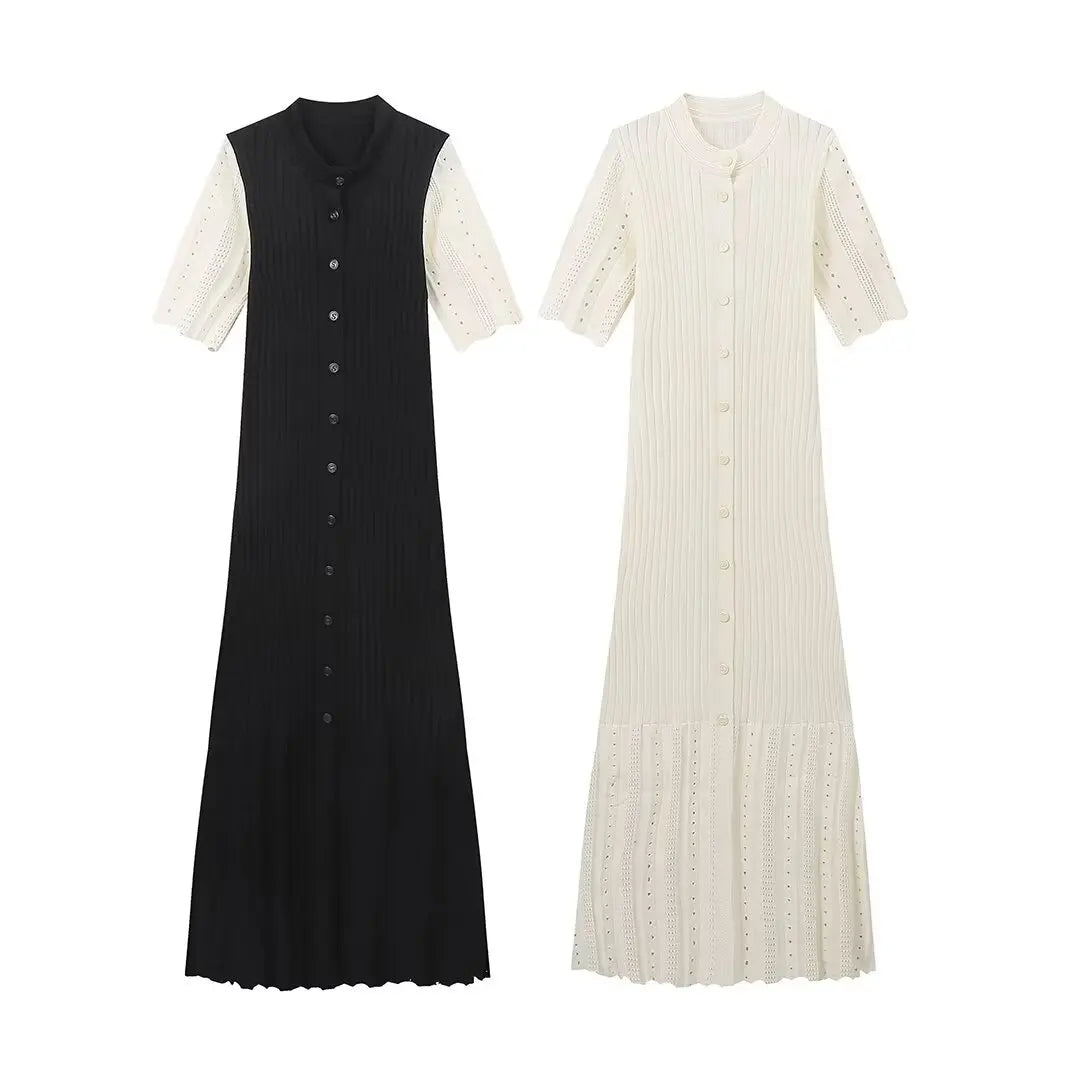 Elegant Knitted Patchwork Midi Dress Women's Short Sleeve High Waist Casual Single-Breasted Curvy Dresses Summer Black Apricot