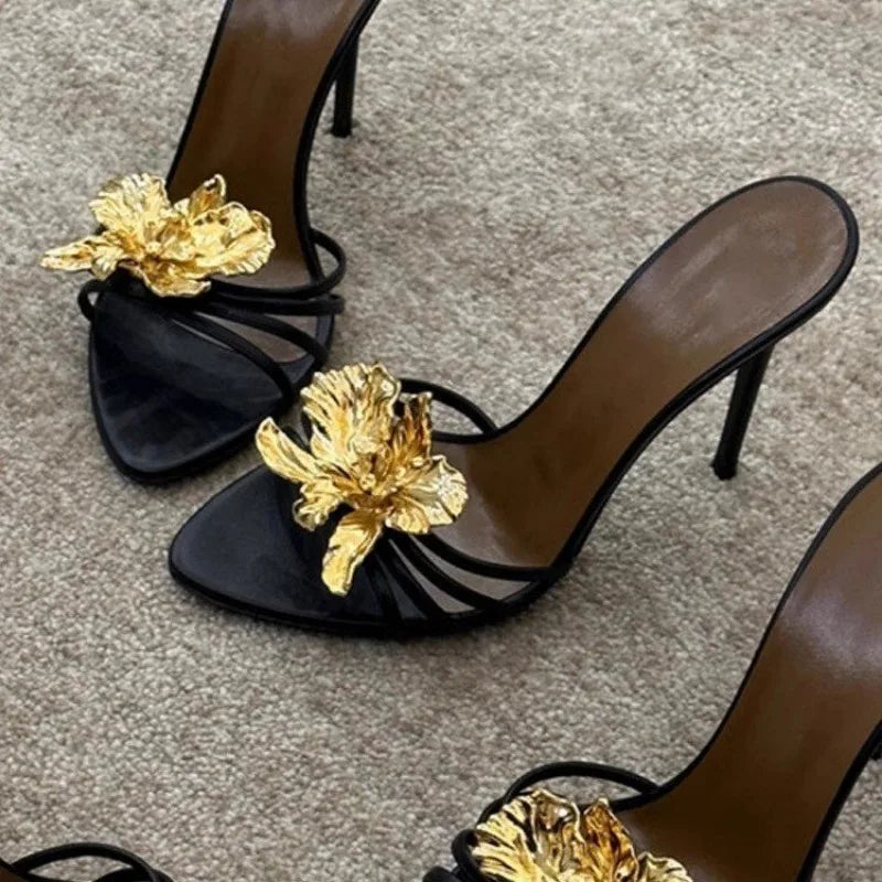2025 Women's Sandals Slippers Summer Metal Flowers Beautiful Fashion Sandals Women's Stiletto High Heels Black Sandals