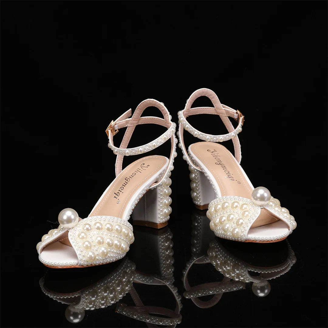 2024 Autumn New Fish Mouth High Heels Slim Heels Shallow Mouth Water Diamond Pearl Women's Single Shoes Wedding Wedding Shoes