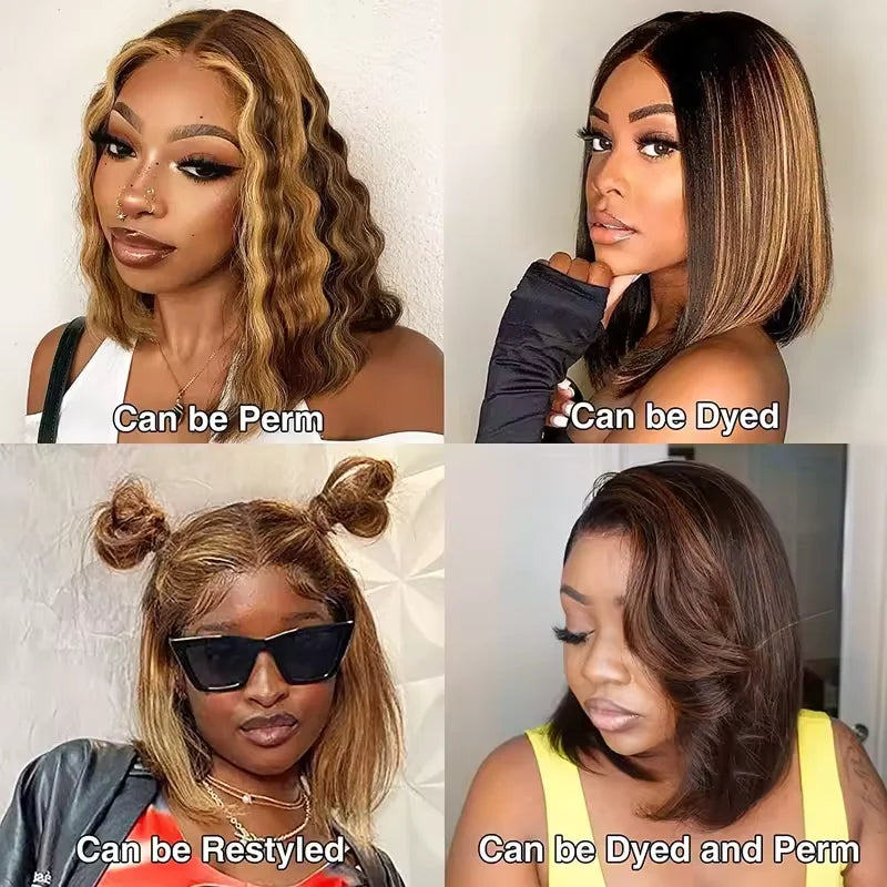 200% 16 Inch Highlight Short Bob Wigs 13X6 Straight Hd Lace Front Ombre Brown Frontal Glueless Bob Wig Human Hair Ready to Wear