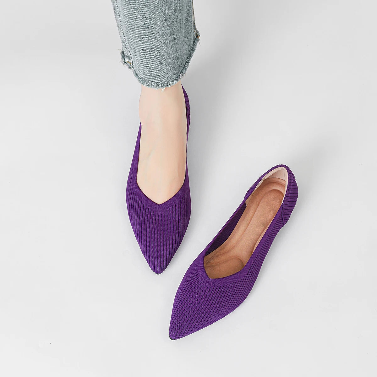 Women's flat shoes with pointed soft knitted sole breathable and comfortable shoes Spring and Autumn 2024 new model