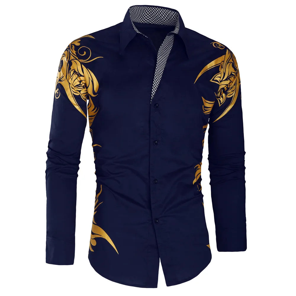 2024 Men's Brand Shirt, Luxury Gold High Quality Long Sleeve Shirts, Business White Black Men Dress Prom Social Print Shirts
