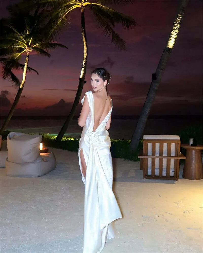 Mozision Satin Backless Sexy Maxi Dress For Women Elegant Rose Thigh High Split Beach Holiday Long Dress Gorgeous Club Gown