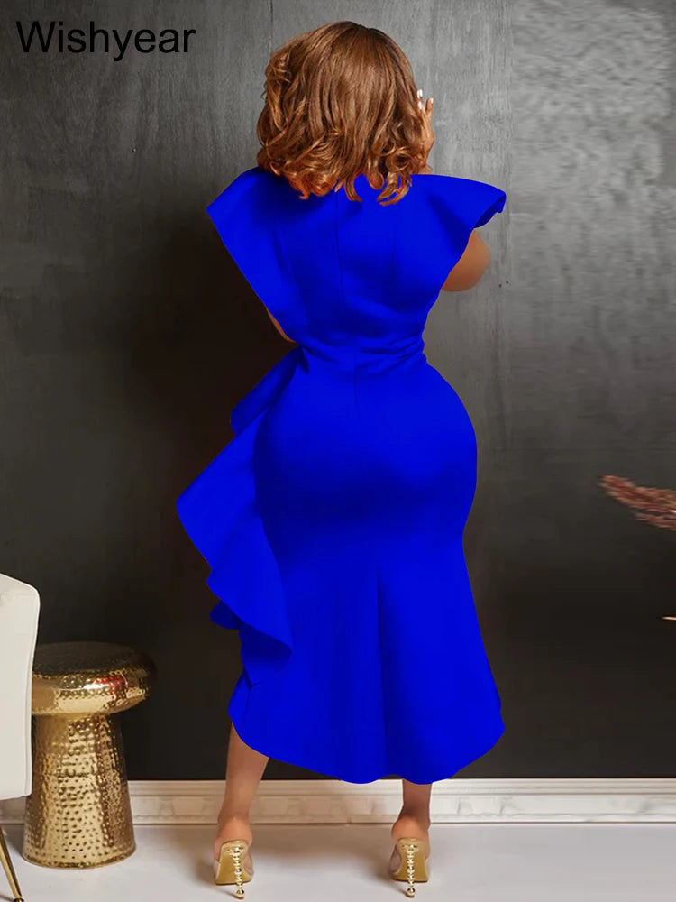 Sexy Flare Short Sleeve High Side Split Ruffles Bodycon Midi Dress Women Autumn Evening Wedding Party Birthday Vestidos Elegant