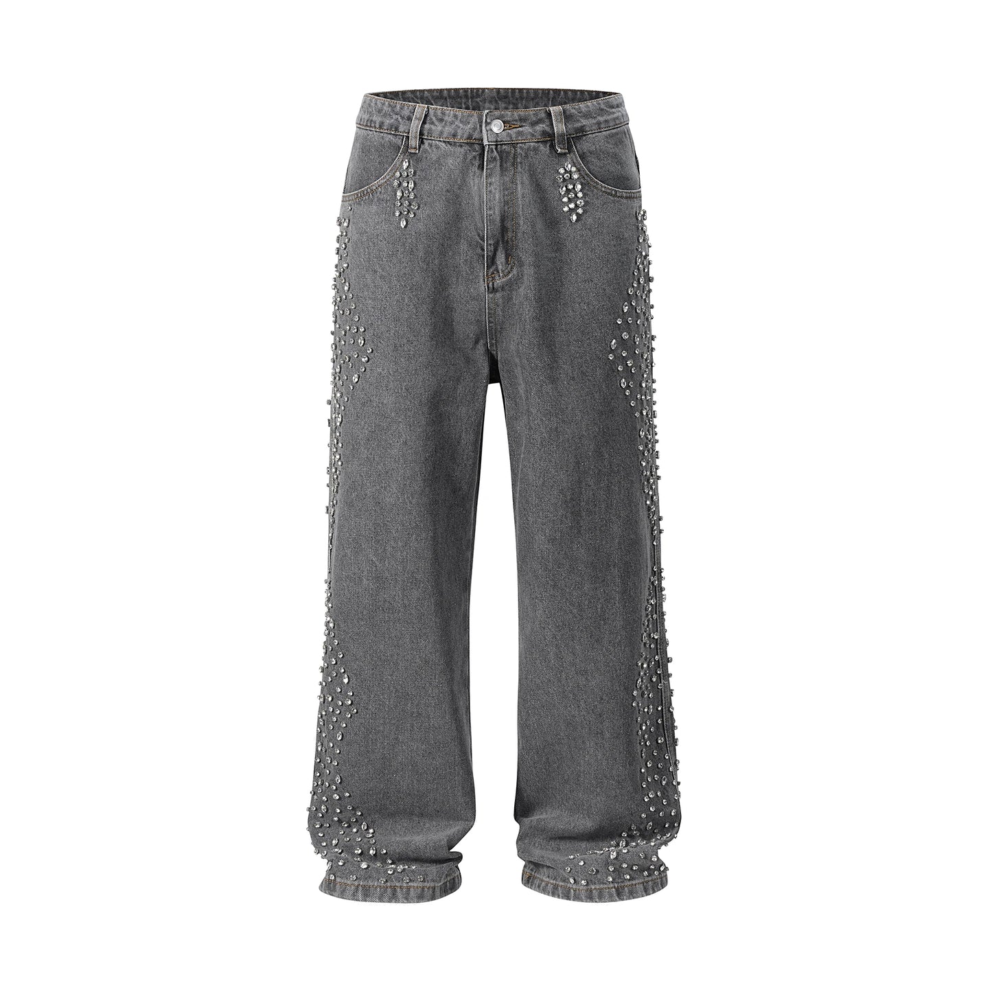 Full Rhinestone Print Washed Blue Baggy Jeans Mens and Women Ropa Hombre Streetwear Solid Casual Denim Trousers Loose Cargos