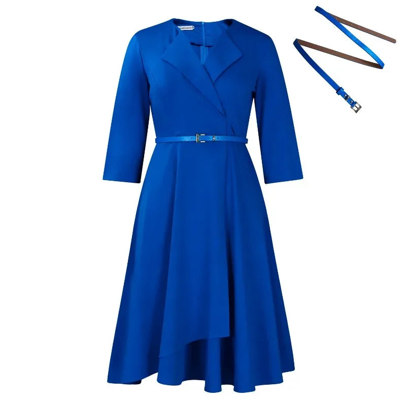 2025 Elegant Church Dresses for Women 3/4 Sleeve A Line With Waist Belt Classy Modest African Female Gowns Office Ladies Event