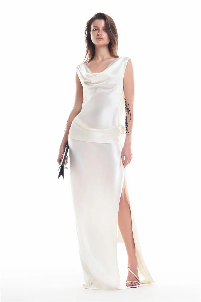 Mozision Satin Backless Sexy Maxi Dress For Women Elegant Rose Thigh High Split Beach Holiday Long Dress Gorgeous Club Gown