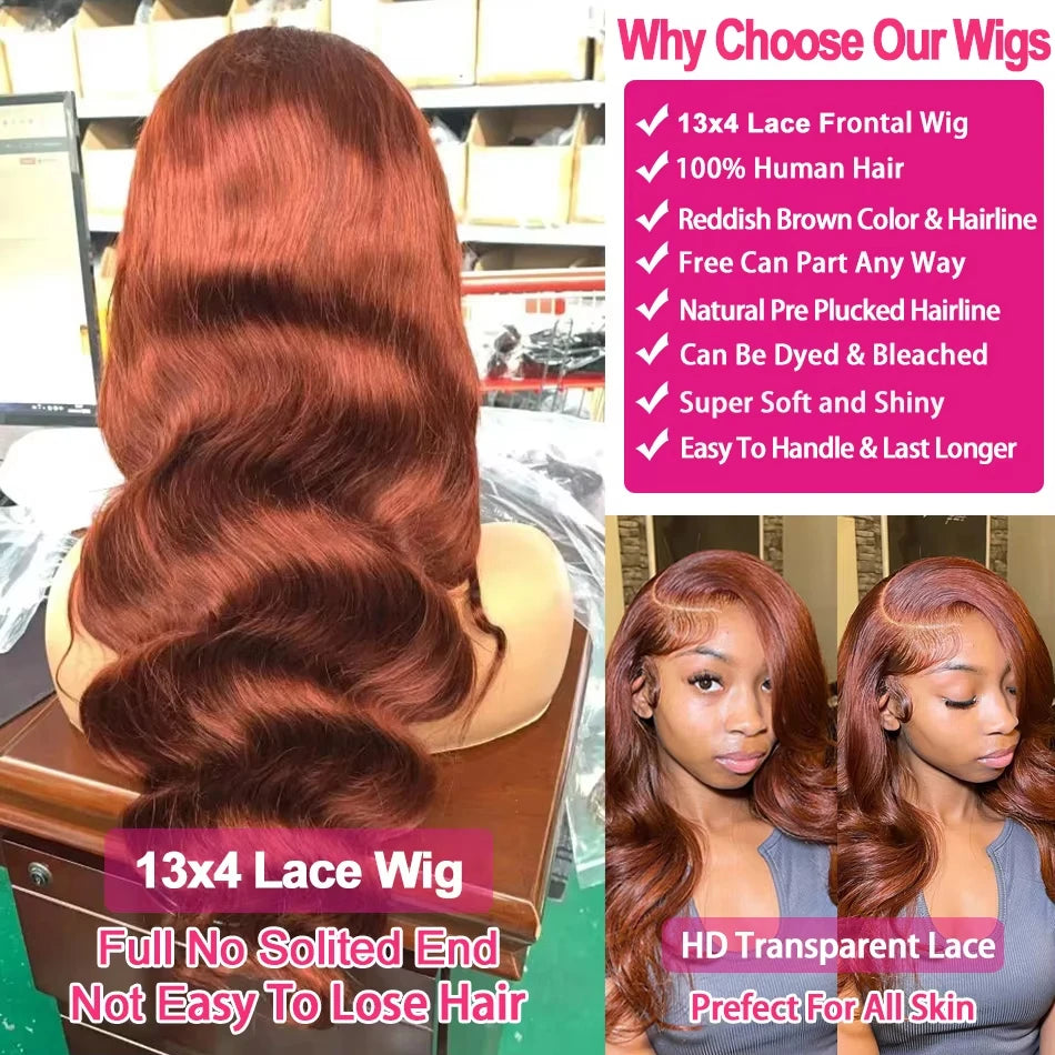 13x4 Reddish Brown Body Wave Lace Frontal Human Hair Wig HD Lace Frontal Wig Human Hair Wig Pre Plucked Brazilian Remy Hair