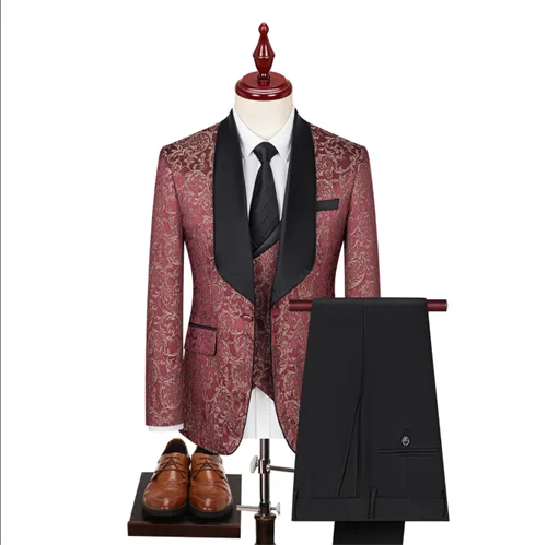 Men High Quality Wedding Jacquard Suits Fashion Male Business Social Dance Party Dress Blazers and Pant with Vest