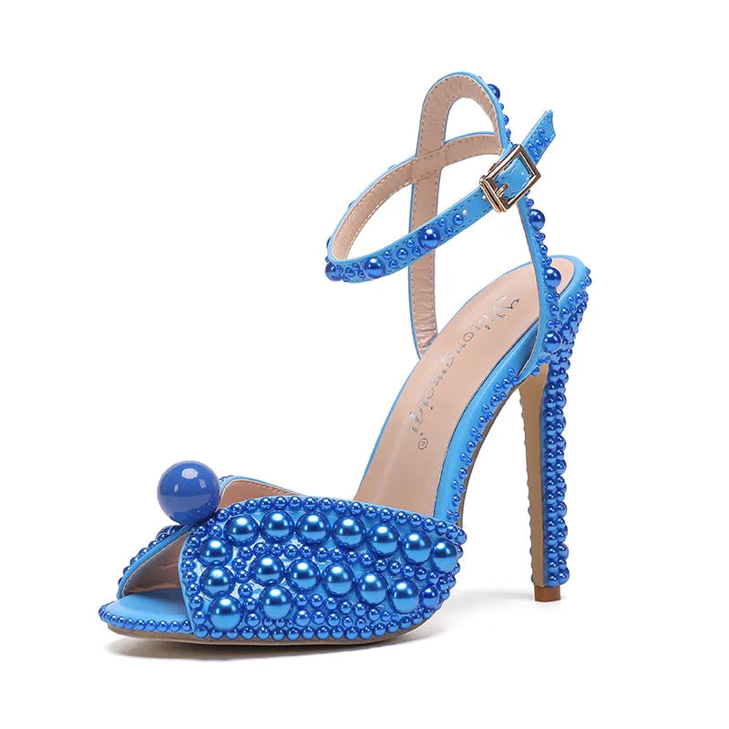 2024 Autumn New Fish Mouth High Heels Slim Heels Shallow Mouth Water Diamond Pearl Women's Single Shoes Wedding Wedding Shoes
